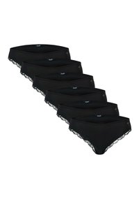 Sechs schwarze Damen-Slips mit Spitzenbesatz und kleiner goldener Blumenstickerei, diagonal gestapelt mit "JOOP!"-Logoanhängern am Bund.