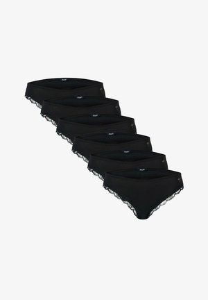 Sei slip neri da donna con rifinitura in pizzo e piccoli ricami floreali dorati, impilati diagonalmente con etichette con il logo "JOOP!" sulla fascia in vita.