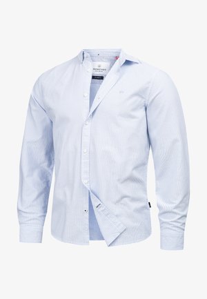 Hellblau gestreiftes Hemd mit langen Ärmeln, Knopfkragen und Brusttasche. Mit weißen Knöpfen und einer leicht schimmernden Textur.