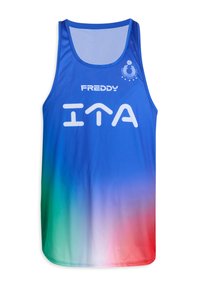 Canottiera blu con un design a gradiente che sfuma dal blu al verde e rosso nella parte inferiore. Presenta il logo "FREDDY" e la scritta "ITA" in bianco.