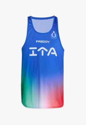 Débardeur bleu avec un design dégradé passant du bleu au vert puis au rouge en bas. Présente le logo "FREDDY" et les lettres "ITA" en blanc.