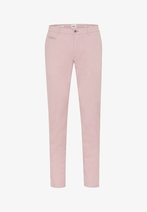 Lichtroze slim-fit broek met riemlussen, knoopsluiting aan de voorkant en een klein voorvakje aan de rechterkant.