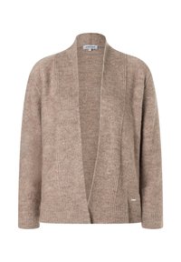 Beiger Cardigan mit offenem vorderen Bereich, geripptem Muster entlang der Kanten und langen Ärmeln. Weiches Strickmaterial mit einem dezenten Glanz.