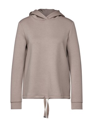 Hoodie aus weichem beigen Stoff mit lockerer Passform, featuring einen Kordelzug am Saum und langen Ärmeln mit gerippten Abschlüssen.