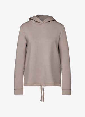 Sweat-shirt à capuche en tissu beige doux avec une coupe décontractée, doté d'un cordon de serrage en bas et de manches longues avec des bords côtelés.