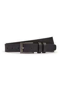 Ceinture en cuir noir avec une texture lisse, dotée d'une boucle rectangulaire en métal argenté et de deux passe-boucles en cuir. Plusieurs trous de perforation pour l'ajustement de la taille.