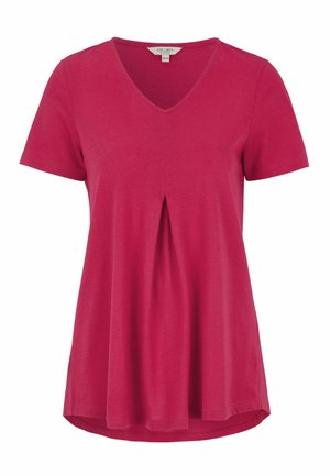 Fuchsia t-shirt met korte mouwen, V-hals en een middenplooien, gemaakt van zachte stof. Beschikt over een afgeronde zoom en een comfortabele pasvorm.
