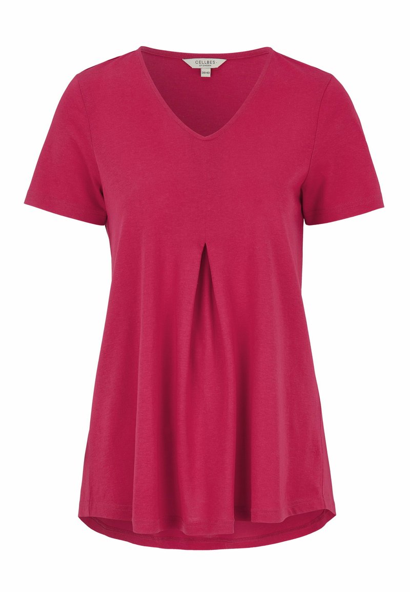 Fuksia lyhythihainen T-paita V-päällä ja keskellä laskos, valmistettu pehmeästä kankaasta. Siinä on pyöristetty helma ja rento istuvuus.