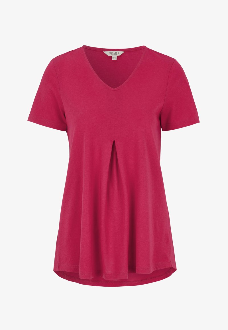 Fuchsia t-shirt met korte mouwen, V-hals en een middenplooien, gemaakt van zachte stof. Beschikt over een afgeronde zoom en een comfortabele pasvorm.