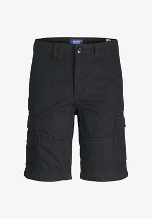 Shorts cargo noirs avec une ceinture, fermeture par bouton, deux poches latérales et deux poches cargo. Fabrication en tissu léger et résistant.