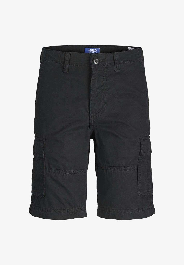 Shorts cargo noirs avec une ceinture, fermeture par bouton, deux poches latérales et deux poches cargo. Fabrication en tissu léger et résistant.