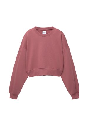 Sweatshirt court rose avec des manches longues, un col rond côtelé et une texture douce. Présente un ourlet droit et une coupe décontractée.