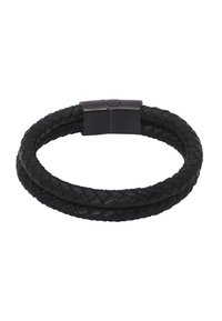Bracciale in pelle nera con una trama intrecciata e una chiusura in metallo. Caratterizzato da due corde intrecciate e una finitura liscia sulla ferramenta.