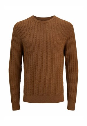 Brązowy sweter dzianinowy z teksturowanym wzorem prążkowym, okrągłym dekoltem i długimi rękawami. Wykonany z miękkiego materiału, idealny na codzienne noszenie.