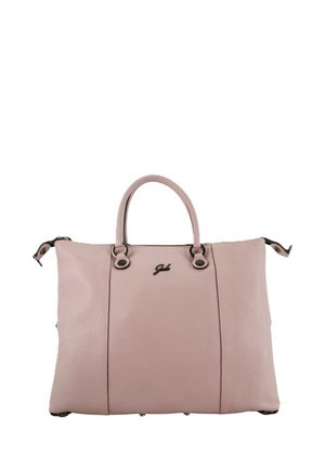 Hellrosa Ledertasche mit zwei oberen Griffen, dezent genarbter Struktur und kleinem Metall-Logo in der Mitte vorne.