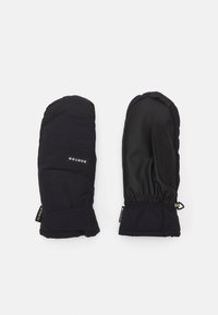 Mânuși negre cu o textură matlasată, manșete elastice la încheietura mâinii și o palmă netedă, având o etichetă cu logo pe față. Fabricate din materiale durabile.