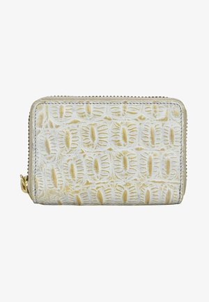 Geweven portemonnee in lichtroom met reliëfpatronen. Voorzien van een gouden rits en subtiele gele accenten. Compact rechthoekig formaat.
