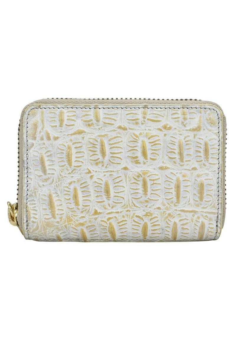 Geweven portemonnee in lichtroom met reliëfpatronen. Voorzien van een gouden rits en subtiele gele accenten. Compact rechthoekig formaat.