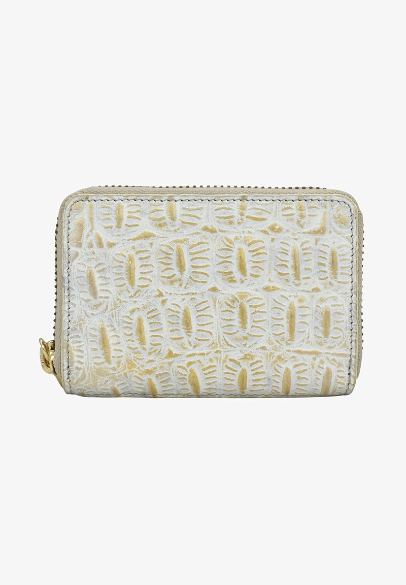 Geweven portemonnee in lichtroom met reliëfpatronen. Voorzien van een gouden rits en subtiele gele accenten. Compact rechthoekig formaat.
