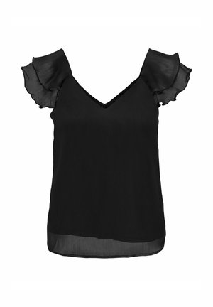 Zwarte mouwloze top met V-hals en doorschijnende, geplooide kapmouwtjes en zoom, gemaakt van lichtgewicht stof.