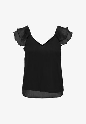 Top negro sin mangas con escote en V y mangas tipo capa transparentes y volantes en el dobladillo, hecho de tela ligera.