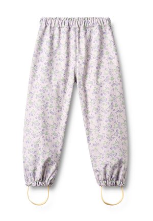 Lyse lilla bukser med blomsterprint, elastisk midje og mansjetter, med stigbøyler ved anklene.