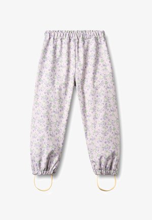 Světle fialové kalhoty s květinovým vzorem, elastickým pasem a manžetami, s popruhy na patách.