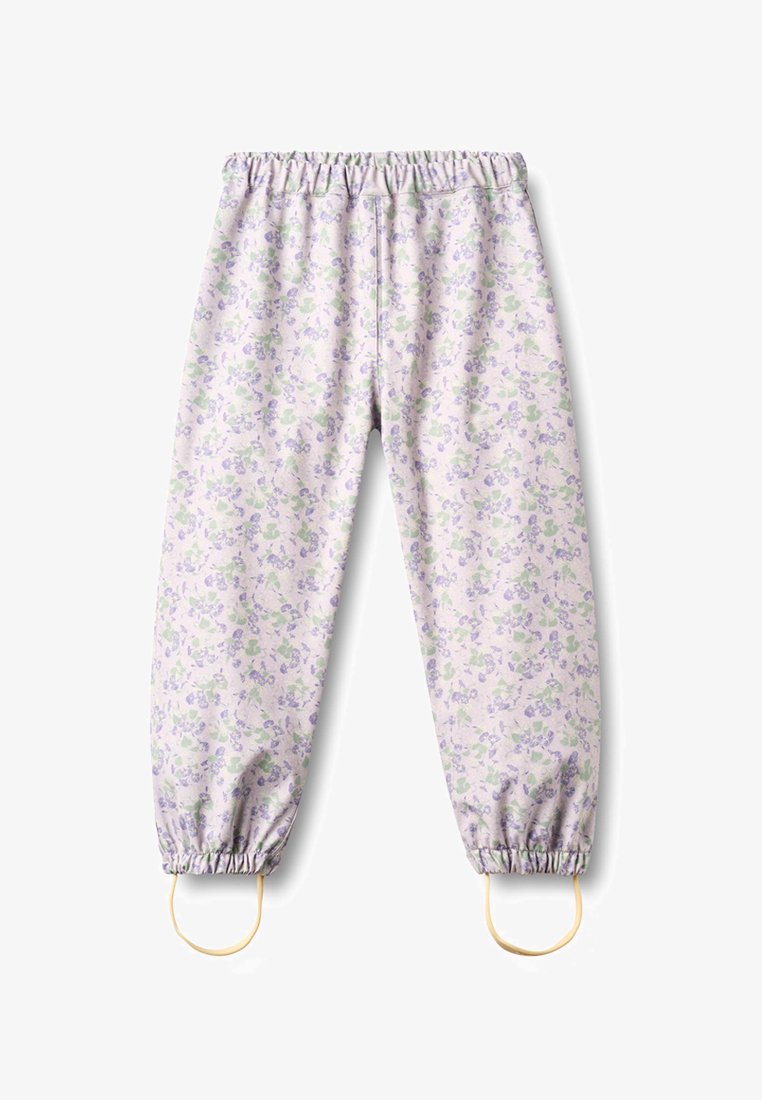 Pantalon à motif floral violet clair avec ceinture et poignets élastiqués, doté de brides d'étrier aux chevilles.