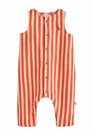 Sleeveless baby romper with vertical red and light pink stripes, front wooden buttons, and small red chili pepper embroidery near the neckline.