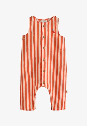 Varrukateta beebivorm vertikaalsete punaste ja heleroosade triipudega, ees puidust nupukesed ning väike punane tšillipipraga tikand kaeluse lähedal.