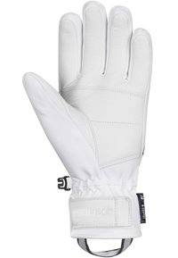 Witte skihandschoen met leren palm en textiel bovenkant. Kenmerken verstelbare polsband en elastische manchette voor een veilige pasvorm. Glad textuur overal.