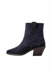 Navy blue mokka ankle boot, jossa on terävä kärki, matala blockkikorko ja vetoketju. Sivuille on lisätty koristeellinen ommel.