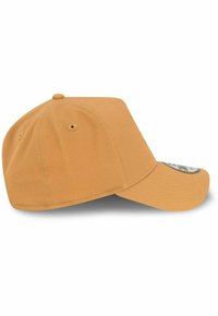Orange cap with a structured design, curved visor, and ventilation eyelets. Features a textured fabric and a logo sticker on the brim.