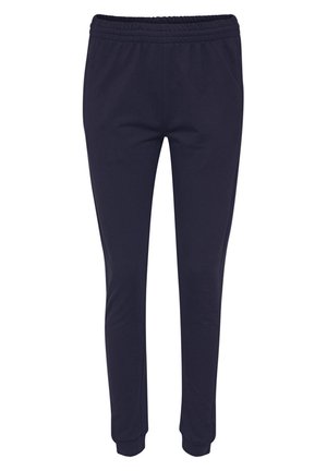 Navy Sweatpants mit elastischem Bund, schmalem Schnitt, glatter Textur und eng anliegenden Bündchen an den Knöcheln. Schlichtes Design ohne zusätzliche Details.