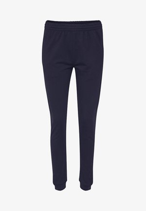 Navy Sweatpants mit elastischem Bund, schmalem Schnitt, glatter Textur und eng anliegenden Bündchen an den Knöcheln. Schlichtes Design ohne zusätzliche Details.