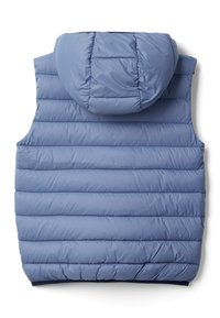 Vadderad blå väst med huva, med horisontella kviltade sektioner och en slät yta. Inga ärmar eller detaljer för framknäppning synliga.