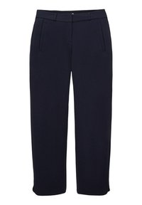 Pantalons ajustés bleu marine foncé avec poches avant inclinées, passants de ceinture et coupe droite, présentés à plat sur un fond blanc.