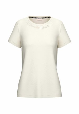 Maglietta da donna a maniche corte, color bianco sporco, con scollo rotondo e delicata scritta in rilievo vicino al colletto che recita "I am literally LIU·JO".