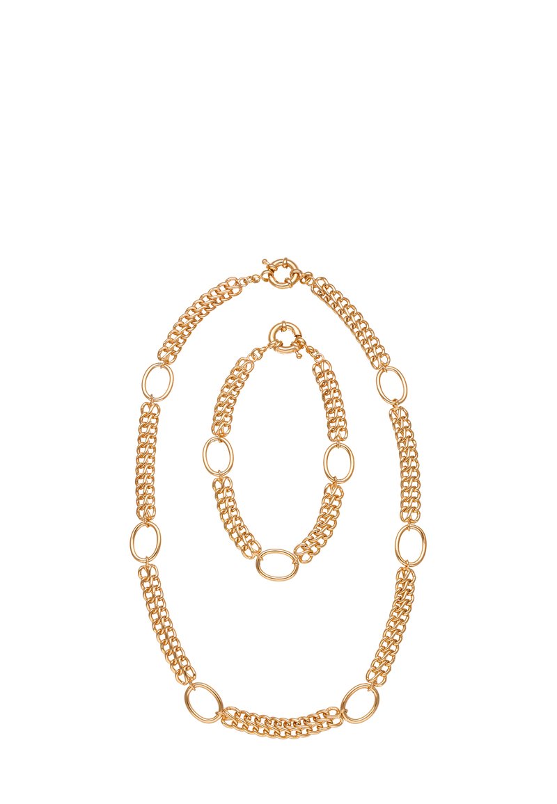Souprava šperků ve zlatém tónu obsahující náhrdelník a náramek s oválným článkovým designem, přičemž články se střídají mezi hladkými a strukturovanými.