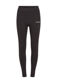 Black leggings made from stretchy fabric, featuring a wide waistband and a small white logo on the left thigh. Smooth texture, fitted design.