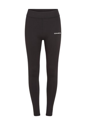 Zwarte legging gemaakt van rekbare stof, met een brede tailleband en een klein wit logo op de linker bovenbeen. Glad textuur, aansluitend ontwerp.