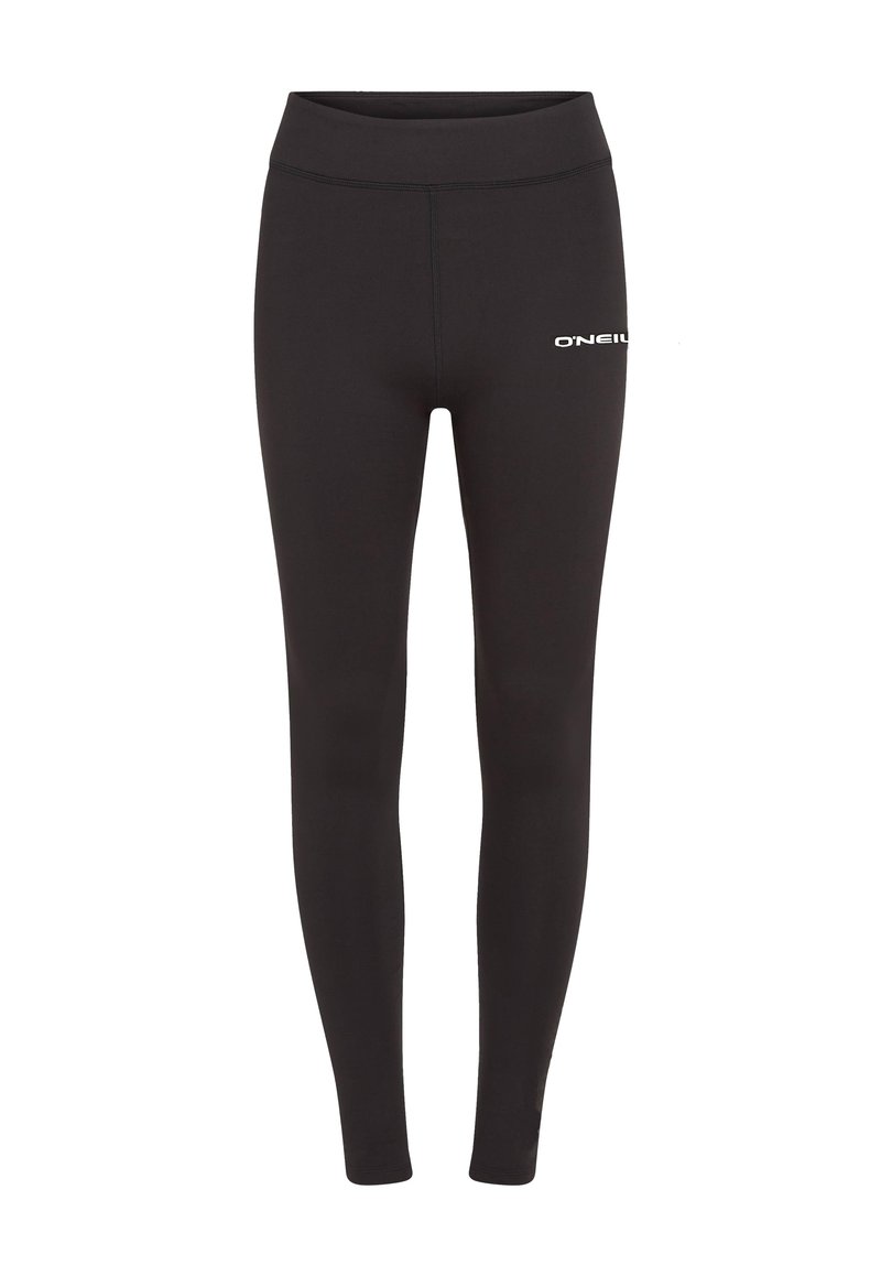 Leggings noirs en tissu extensible, dotés d'une taille large et d'un petit logo blanc sur la cuisse gauche. Texture lisse, design ajusté.