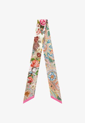 Musterder Seidenschal mit bunten Blumen- und dekorativen Motiven, einem pinken Saum und verschiedenen komplizierten Designs.