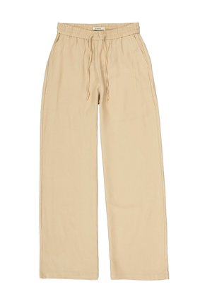 Pantalon beige à jambes larges avec taille élastique et cordon de serrage. Confectionné dans un tissu doux, il dispose de poches latérales et d'une coupe décontractée.