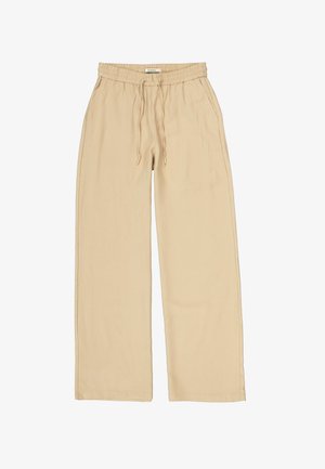 Pantalon beige à jambes larges avec taille élastique et cordon de serrage. Confectionné dans un tissu doux, il dispose de poches latérales et d'une coupe décontractée.