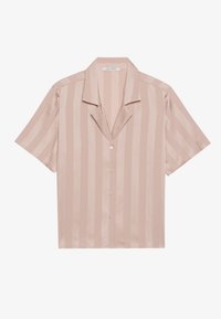 Kortärmad skjorta i mjuk rosa satin med vertikala ränder, sned krage, knappstängning fram och en avslappnad passform.