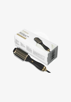Czarna i złota szczotka do stylizacji włosów z włosiem i wentylowanym cylindrem, z przyciskiem zasilania na uchwycie, zapakowana w białe pudełko.