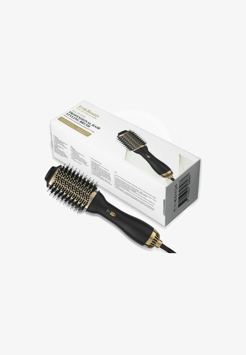 Czarna i złota szczotka do stylizacji włosów z włosiem i wentylowanym cylindrem, z przyciskiem zasilania na uchwycie, zapakowana w białe pudełko.