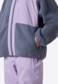 Flis jakna v sivi in sivkini barvi z zadrgo po celotni dolžini, visokim ovratnikom in stranskimi žepi; kombinirana s sivkinimi hlačami. Mehka tekstura, sproščen dizajn.