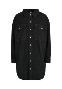 Veste-chemise noire en velours côtelé à manches longues, avec col, fermeture devant par boutons et deux poches poitrine boutonnées.